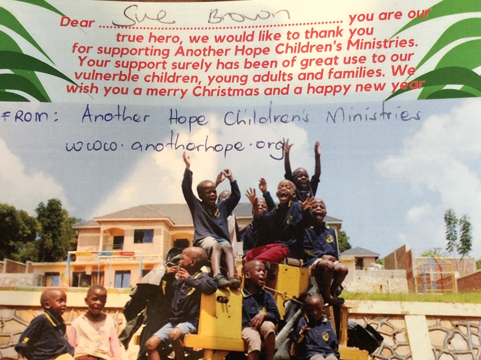 Thank You Postcard from Another Hope Children's Ministries