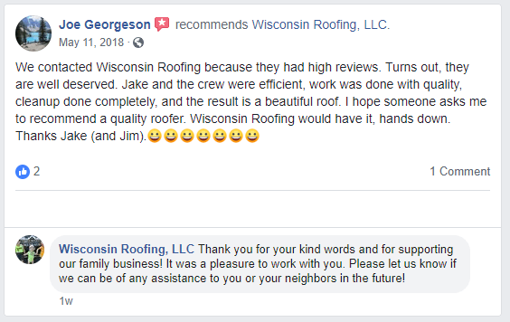 Joe Georgeson Facebook Review of Wisconsin Roofing, LLC